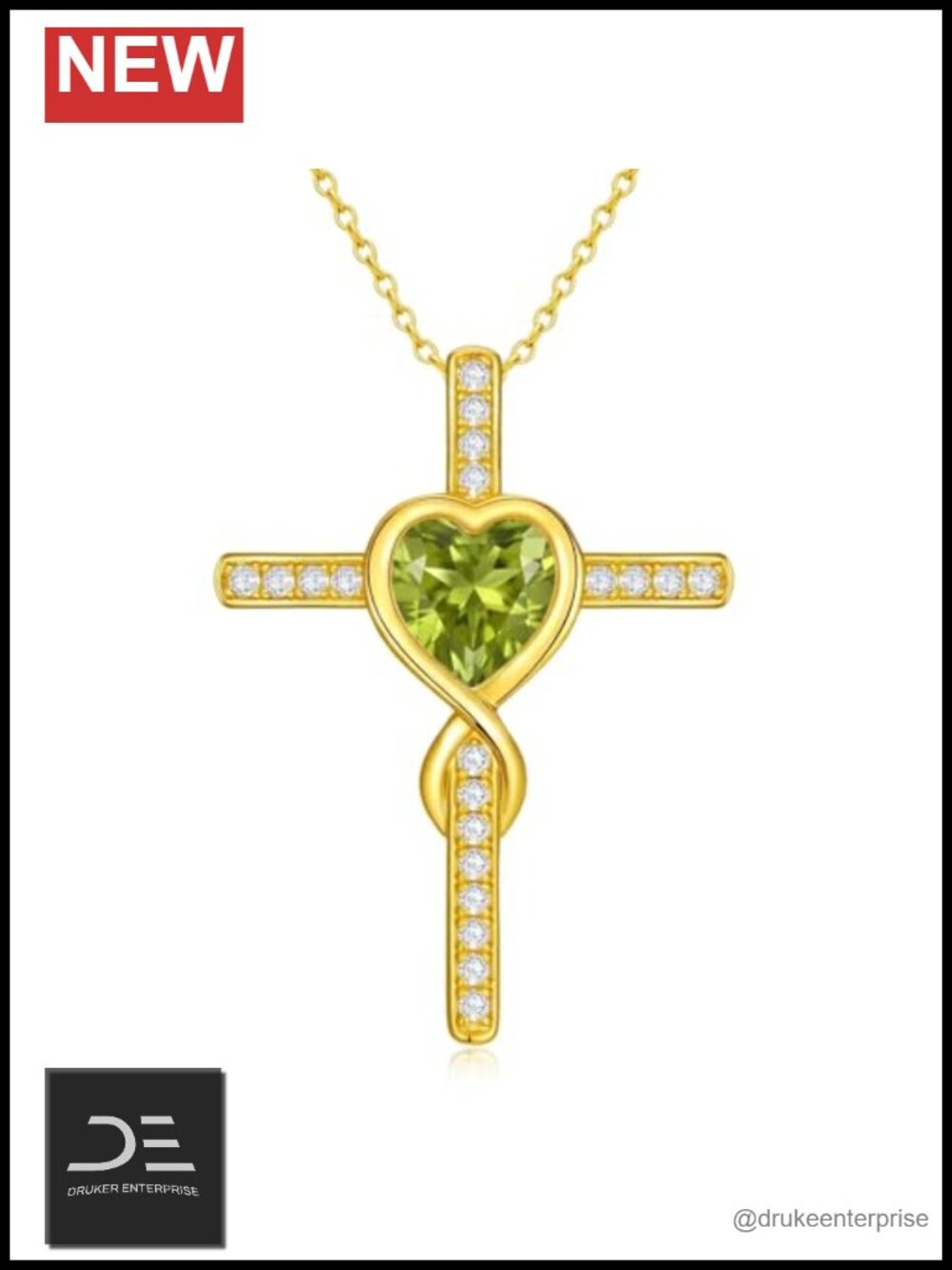 14K Gold Plated Peridot Birthstone Cross Pendant Necklace for Women